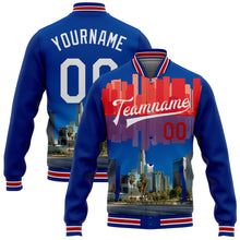 Load image into Gallery viewer, Custom Royal White-Red Los Angeles California City Edition 3D Bomber Full-Snap Varsity Letterman Jacket
