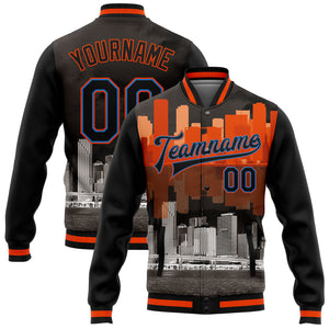 Custom Black Electric Blue-Orange Miami Florida City Edition 3D Bomber Full-Snap Varsity Letterman Jacket