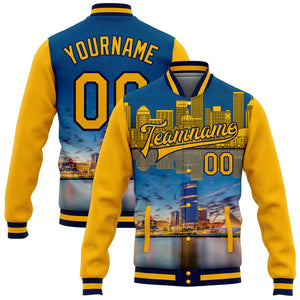 Custom Gold Navy Milwaukee Wisconsin City Edition 3D Bomber Full-Snap Varsity Letterman Jacket