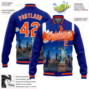 Custom Royal Orange-White Statue Of Liberty New York City Edition 3D Bomber Full-Snap Varsity Letterman Jacket