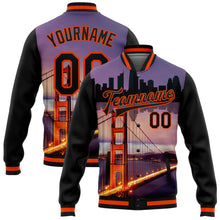 Load image into Gallery viewer, Custom Black Orange The Golden Gate Bridge San Francisco California City Edition 3D Bomber Full-Snap Varsity Letterman Jacket
