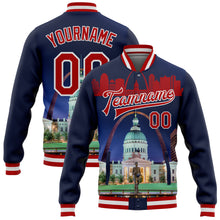 Load image into Gallery viewer, Custom Navy Red-White The Gateway Arch St.Louis Missouri City Edition 3D Bomber Full-Snap Varsity Letterman Jacket
