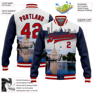 Custom White Red-Navy Capitol Washington City Edition 3D Bomber Full-Snap Varsity Letterman Jacket