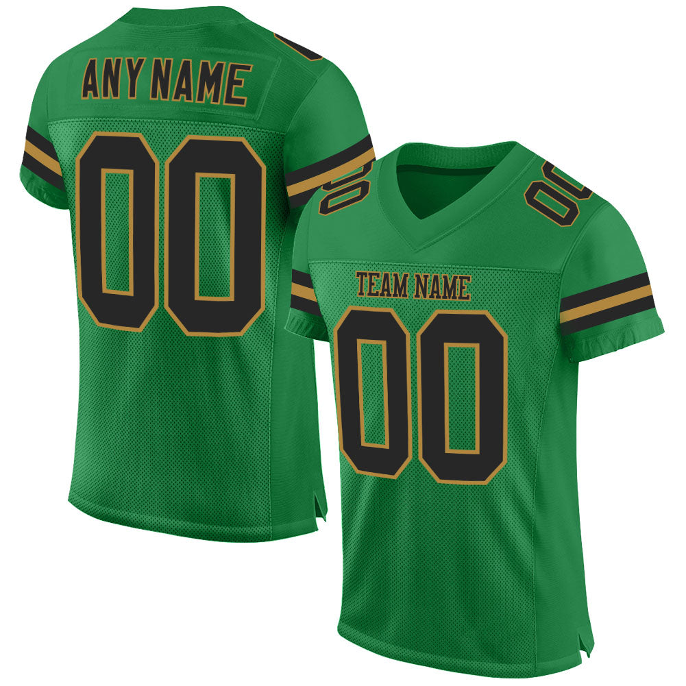 Custom Grass Green Black-Old Gold Mesh Authentic Football Jersey