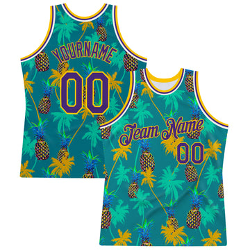 Custom Kelly Green Purple-Gold 3D Pattern Design Palm Trees Pineapples Authentic Basketball Jersey