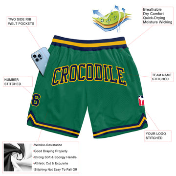 Custom Kelly Green Navy-Gold Authentic Throwback Basketball Shorts