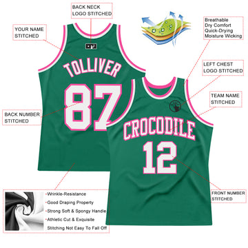 Custom Kelly Green White-Pink Authentic Throwback Basketball Jersey