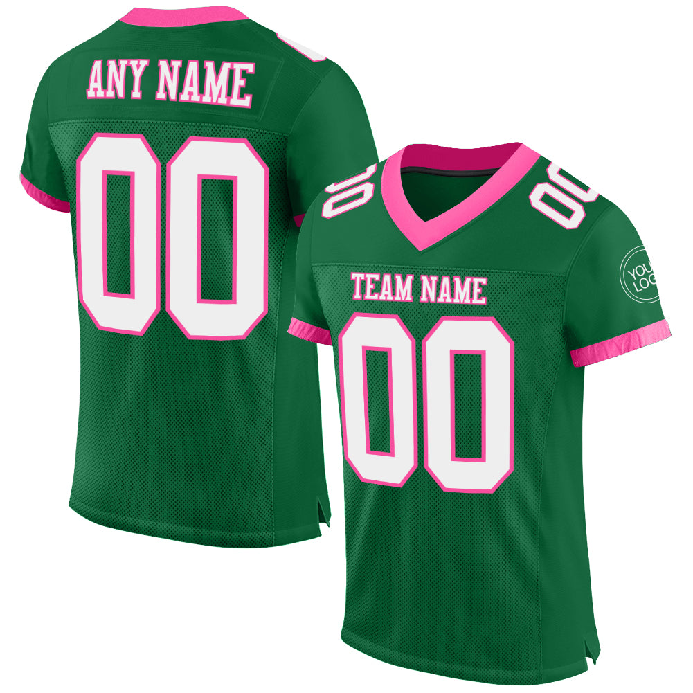 Custom Kelly Green White-Pink Mesh Authentic Football Jersey