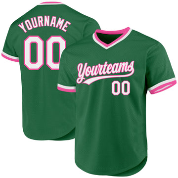 Custom Kelly Green White-Pink Authentic Throwback Baseball Jersey