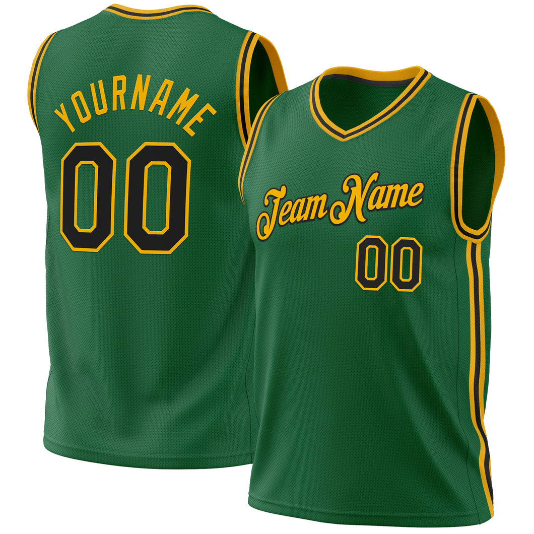 Custom Kelly Green Black-Gold Authentic Throwback Basketball Jersey