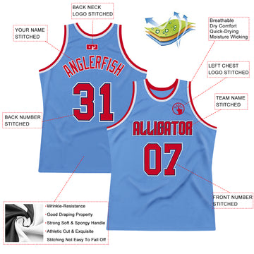 Custom Light Blue Red-Navy Authentic Throwback Basketball Jersey