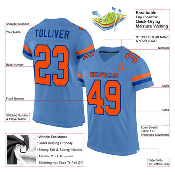 Custom Powder Blue Orange-Royal Mesh Authentic Football Jersey