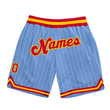 Load image into Gallery viewer, Custom Light Blue White Pinstripe Red-Gold Authentic Basketball Shorts
