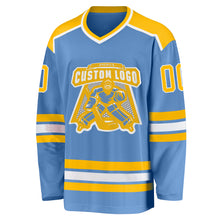 Load image into Gallery viewer, Custom Light Blue Gold-White Hockey Jersey
