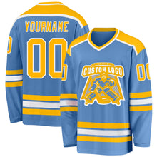 Load image into Gallery viewer, Custom Light Blue Gold-White Hockey Jersey
