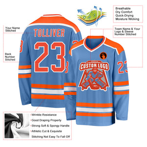 Custom Light Blue Orange-White Hockey Jersey