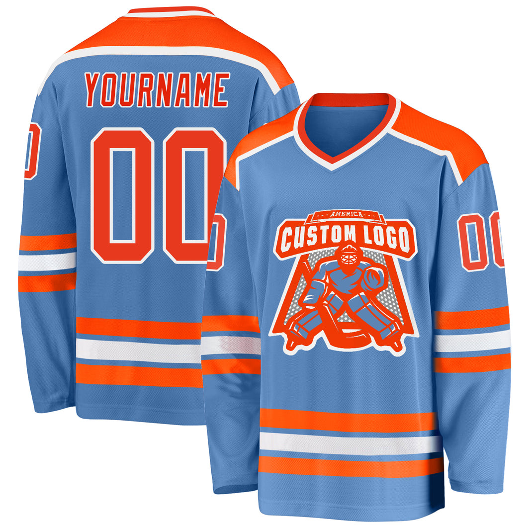 Custom Light Blue Orange-White Hockey Jersey