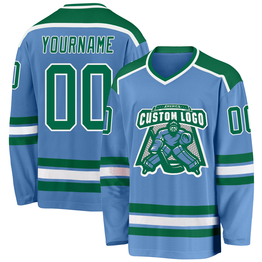 Custom Light Blue Kelly Green-White Hockey Jersey