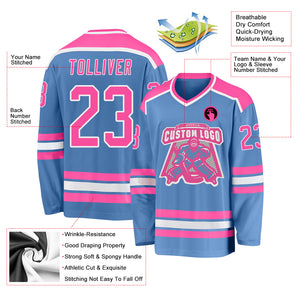 Custom Light Blue Pink-White Hockey Jersey