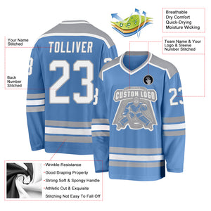 Custom Light Blue White-Gray Hockey Jersey