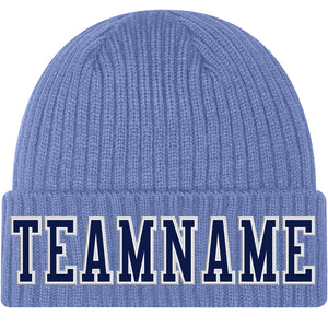 Custom Light Blue Navy-White Stitched Cuffed Knit Hat