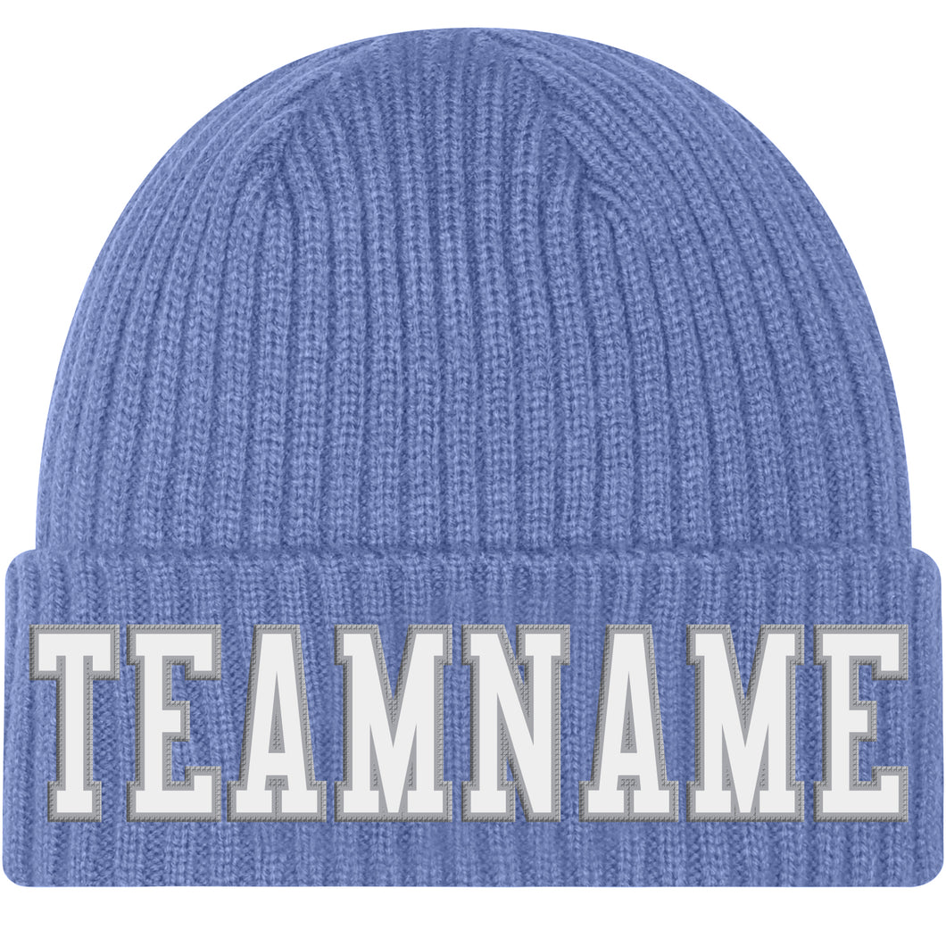 Custom Light Blue White-Gray Stitched Cuffed Knit Hat