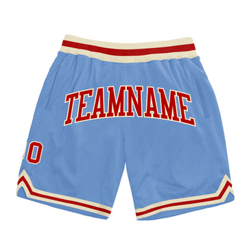 Custom Light Blue Red-Cream Authentic Throwback Basketball Shorts