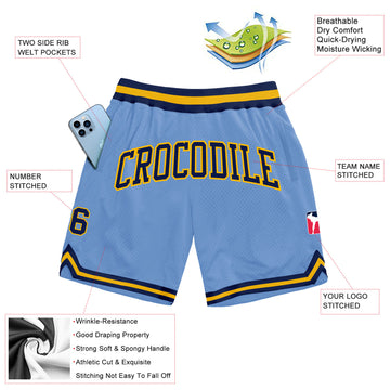 Custom Light Blue Navy-Gold Authentic Throwback Basketball Shorts