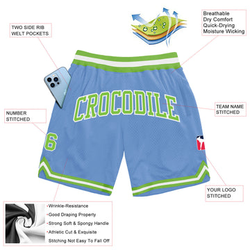 Custom Light Blue Neon Green-White Authentic Throwback Basketball Shorts