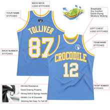 Load image into Gallery viewer, Custom Light Blue White-Gold Authentic Throwback Basketball Jersey
