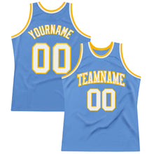 Load image into Gallery viewer, Custom Light Blue White-Gold Authentic Throwback Basketball Jersey
