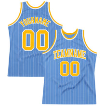 Load image into Gallery viewer, Custom Light Blue White Pinstripe Gold Authentic Basketball Jersey

