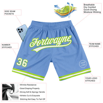 Custom Light Blue White-Neon Green Authentic Throwback Basketball Shorts