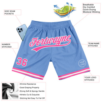 Custom Light Blue Pink-White Authentic Throwback Basketball Shorts