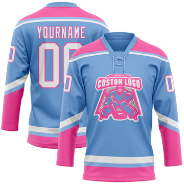 Custom Light Blue White-Pink Hockey Lace Neck Jersey