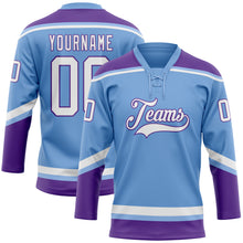 Load image into Gallery viewer, Custom Light Blue White-Purple Hockey Lace Neck Jersey
