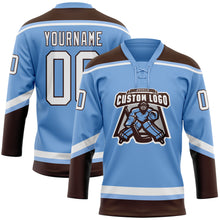 Load image into Gallery viewer, Custom Light Blue White-Brown Hockey Lace Neck Jersey
