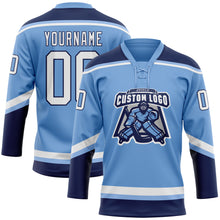 Load image into Gallery viewer, Custom Light Blue White-Navy Hockey Lace Neck Jersey
