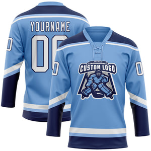 Custom Light Blue White-Navy Hockey Lace Neck Jersey