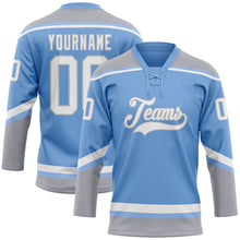 Load image into Gallery viewer, Custom Light Blue White-Gray Hockey Lace Neck Jersey
