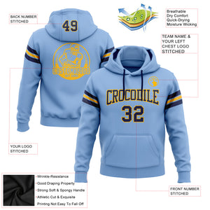 Custom Stitched Light Blue Navy-Gold Football Pullover Sweatshirt Hoodie