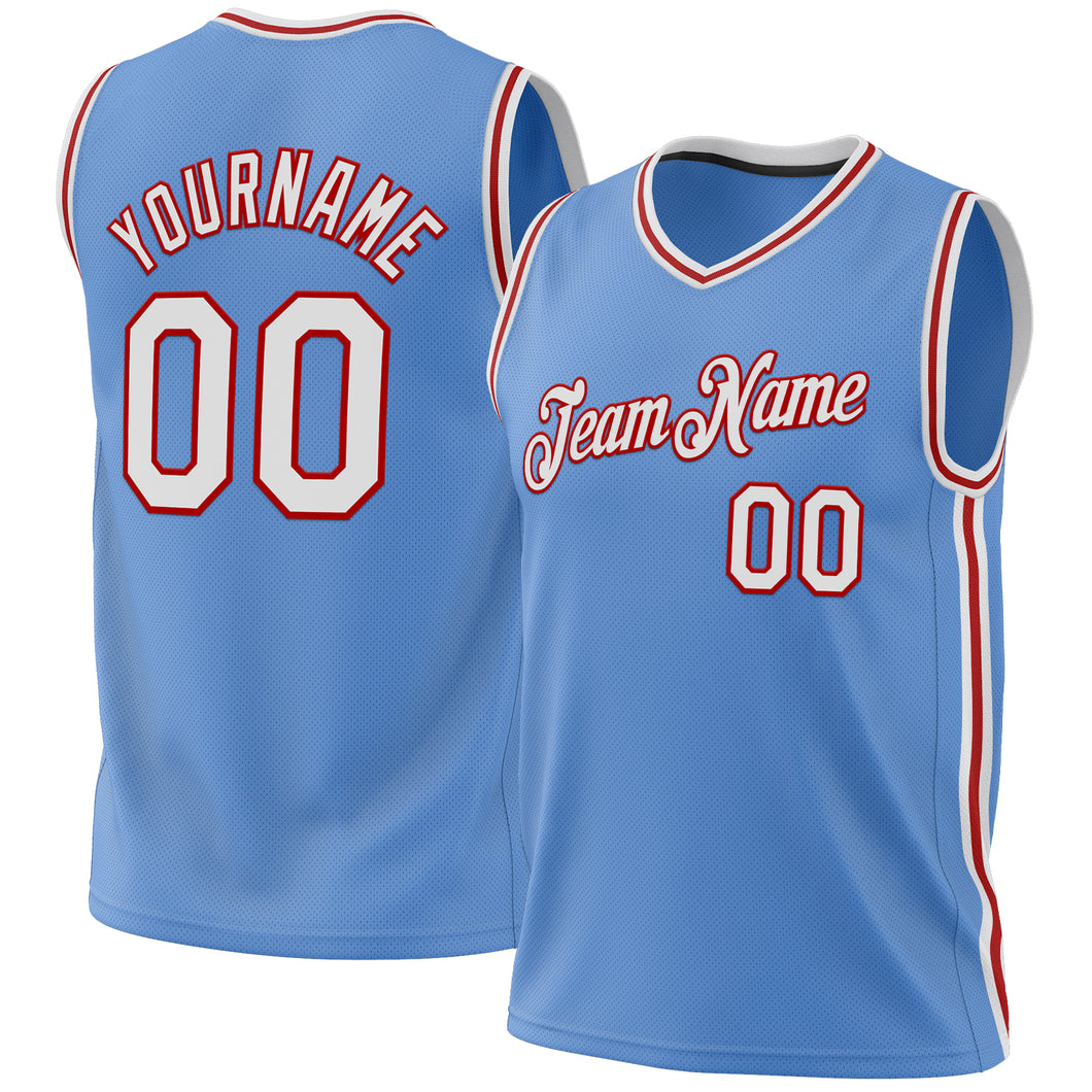 Custom Light Blue White-Red Authentic Throwback Basketball Jersey