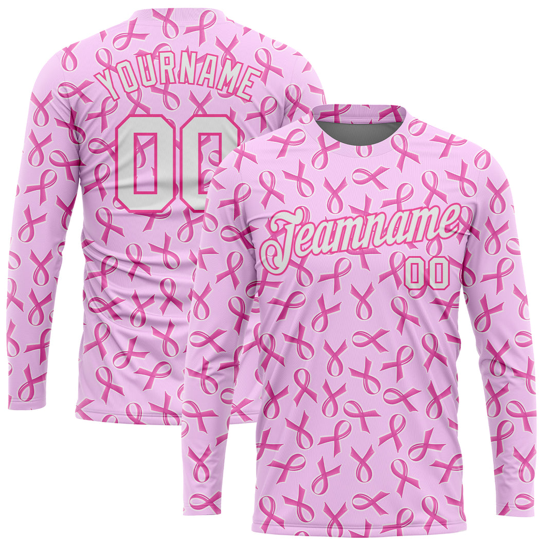 Custom Pink White Breast Cancer 3D Pattern Long Sleeve Performance T-Shirt