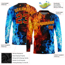 Load image into Gallery viewer, Custom Black Red Gold Royal-Light Blue Flame 3D Pattern Long Sleeve Performance T-Shirt
