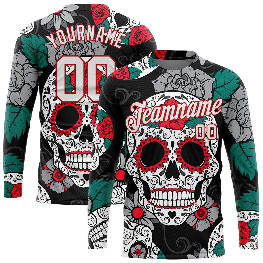 Custom Graffiti Pattern White-Red Skull Fashion 3D Long Sleeve Performance T-Shirt