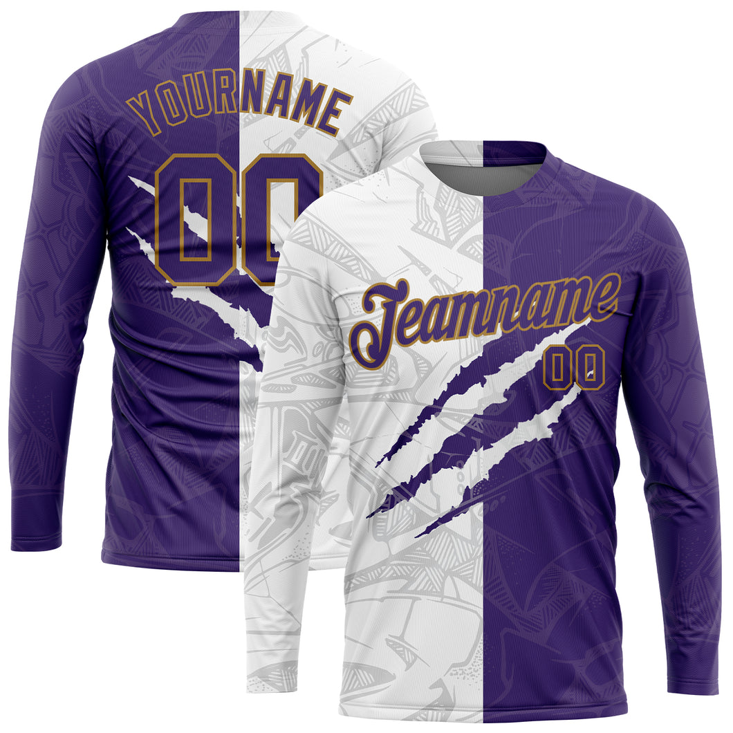 Custom Graffiti Pattern Purple-Old Gold Scratch 3D Long Sleeve Performance T-Shirt