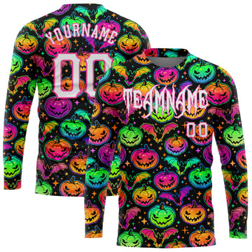 Custom 3D Pattern Bright Multicolored Halloween Pumpkins And Bats Long Sleeve Performance T-Shirt