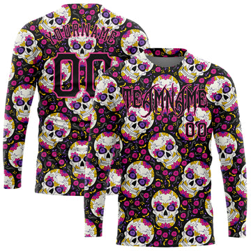 Custom 3D Pattern Halloween Skulls With Floral Long Sleeve Performance T-Shirt