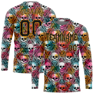 Custom 3D Pattern Halloween Skulls Long Sleeve Performance T-Shirt