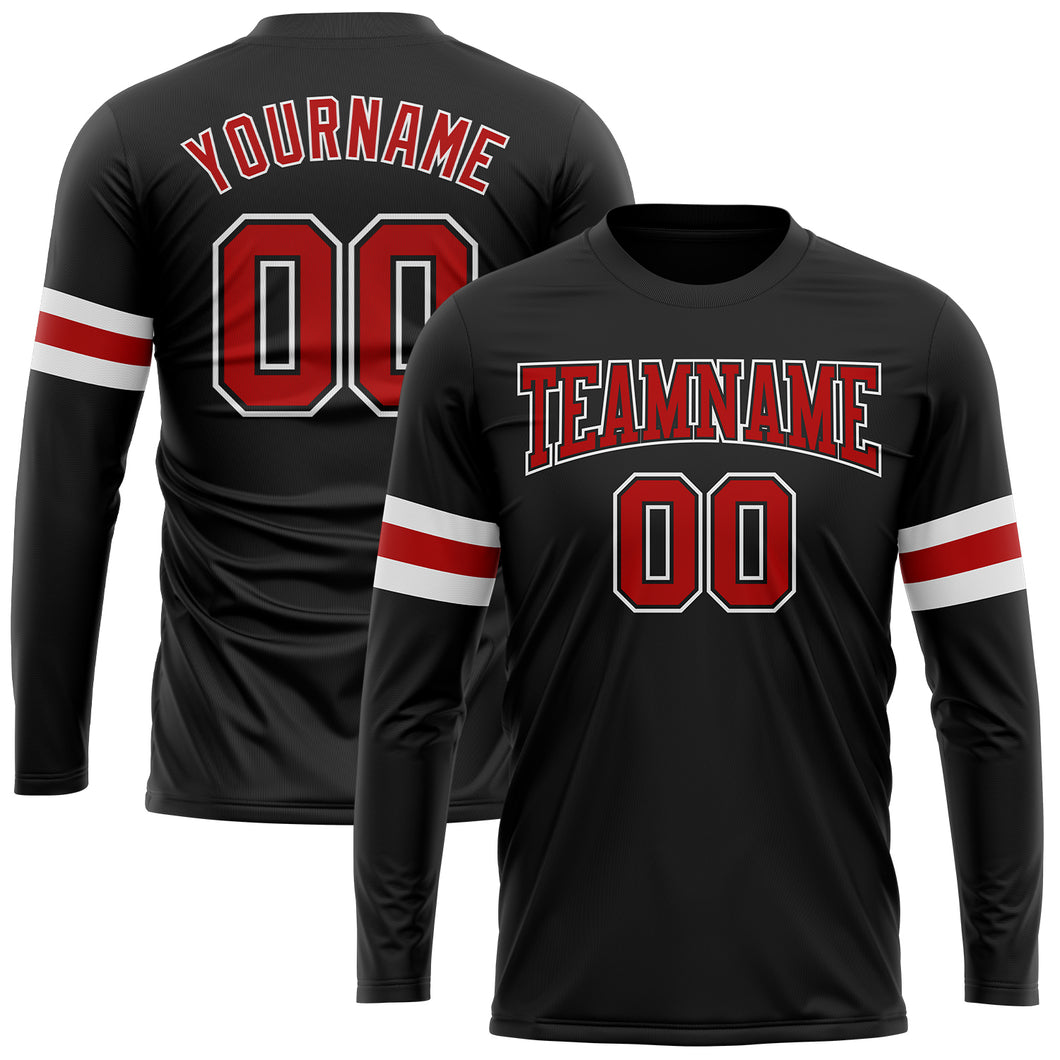 Custom Black Red-White Long Sleeve Performance T-Shirt